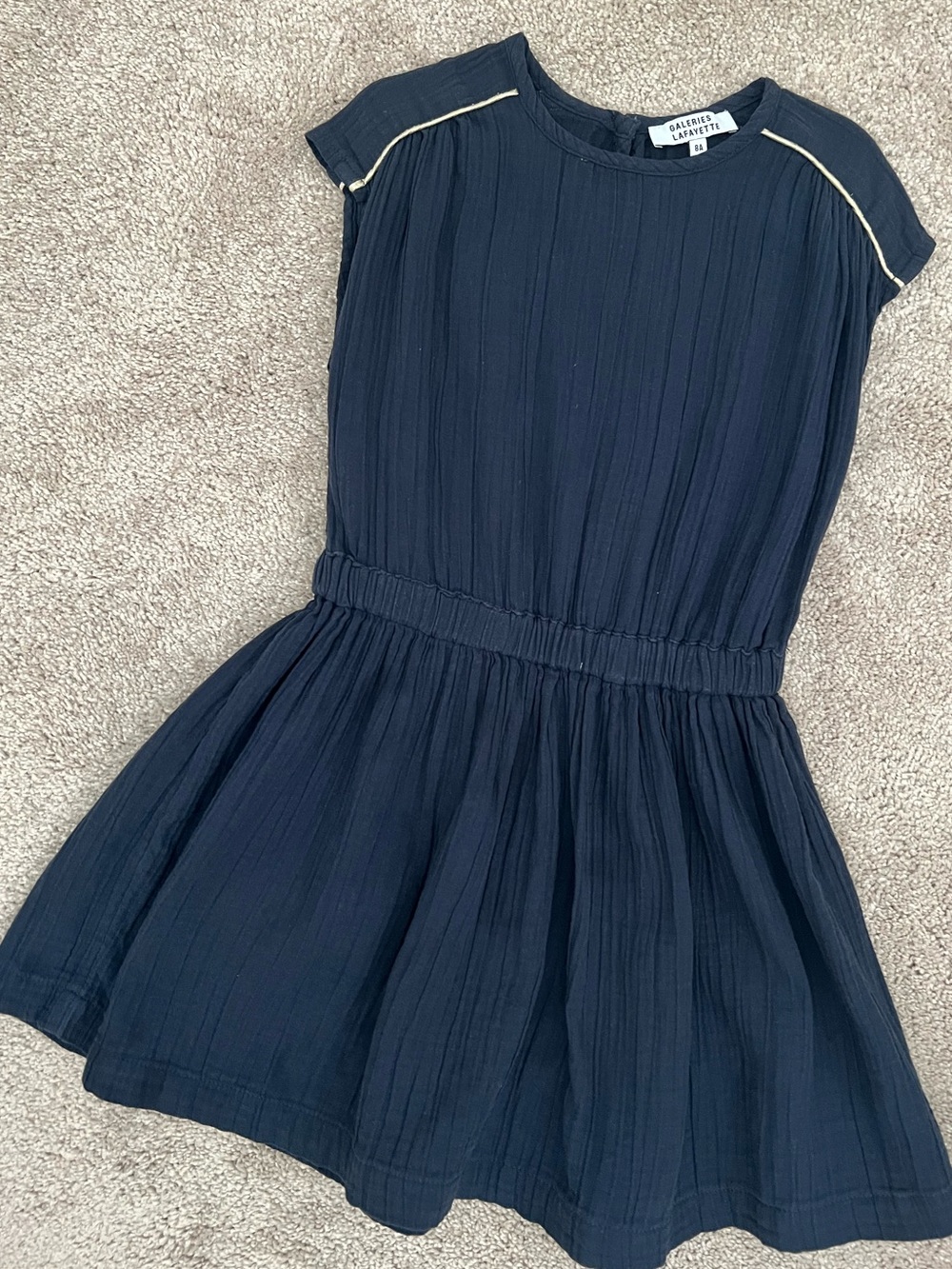 Girls Navy Short-Sleeve Elastic Waist Dress with Cream Piping